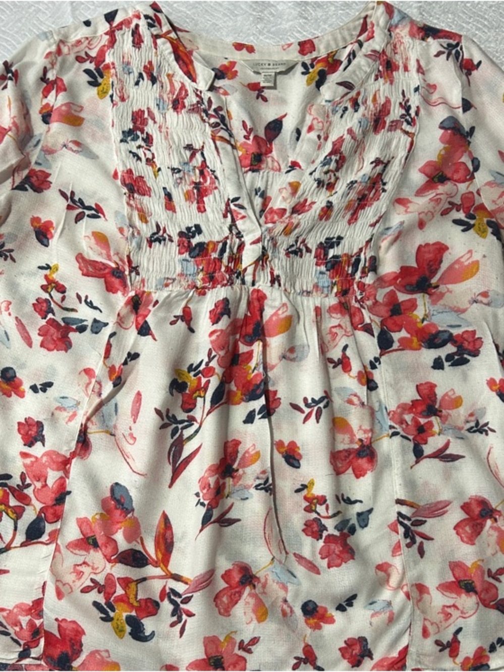 Lucky Brand White Floral Smocked Blouse with Coral and Navy Accents